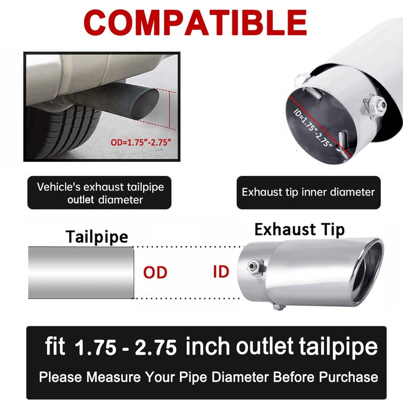 Dsycar Adjustable 1.75-2.75 Inch Inlet Exhaust Tips, 3.5" Oval Outlet, Stainless Steel Exhaust Pipe Tips for 1.75"/2"/2.25"/2.5"/2.75" Outside Diameter Tailpipe (Large Straight) - Image 3